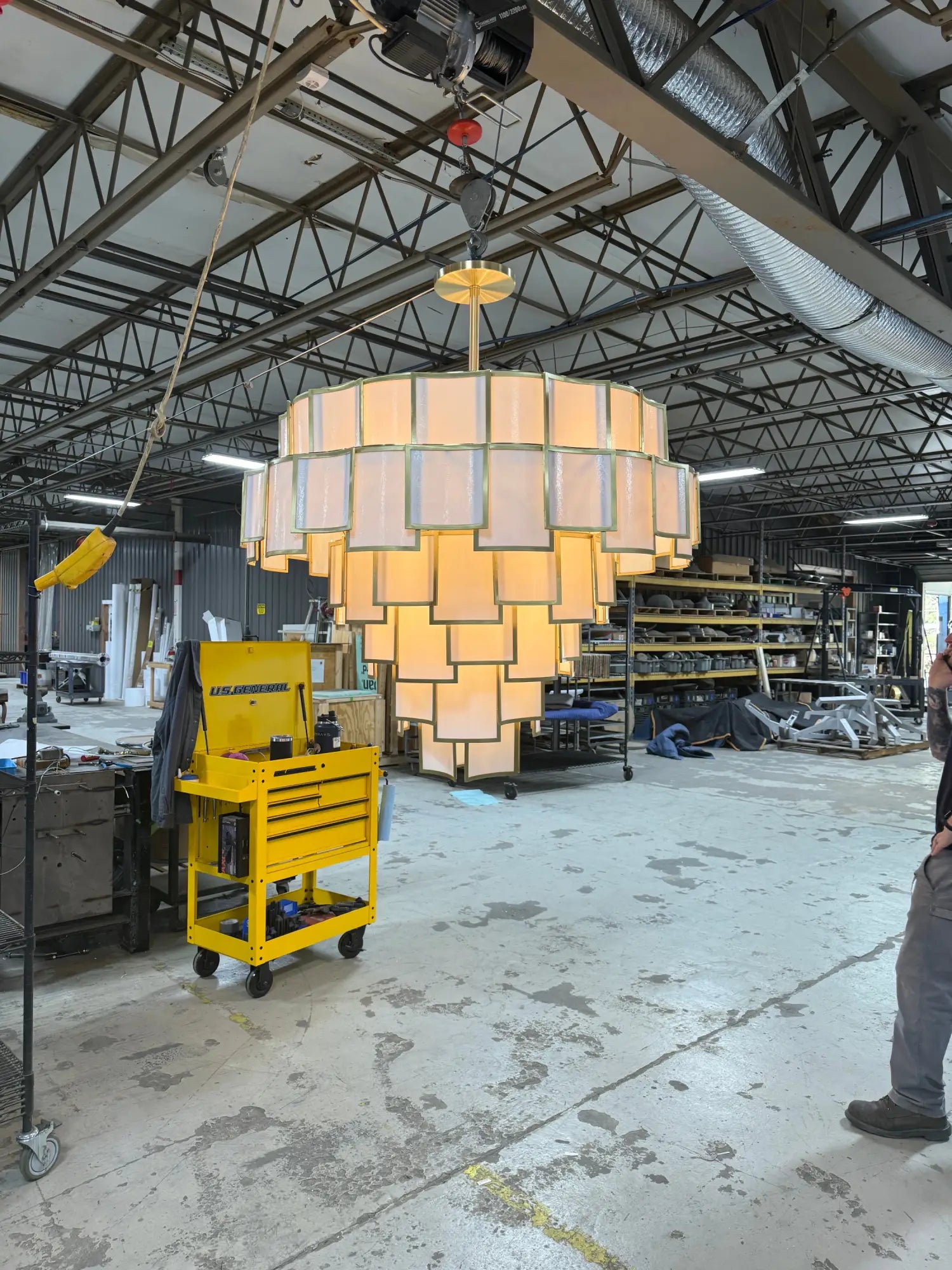 Custom Crenshaw geometric chandelier with beige glass panels for 15 Central Park West