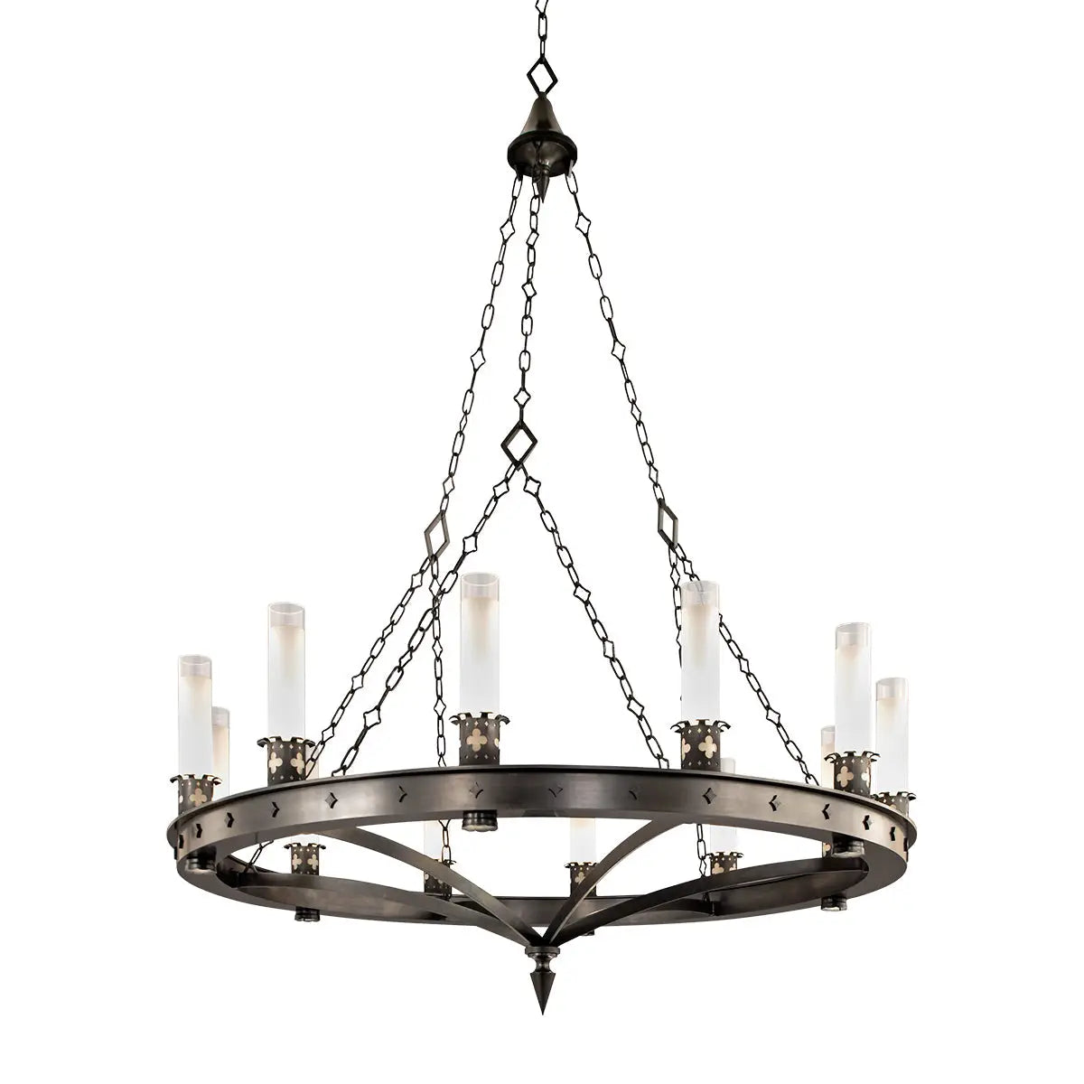 Dark bronze wrought iron chandelier with eight frosted glass candle-style bulbs.