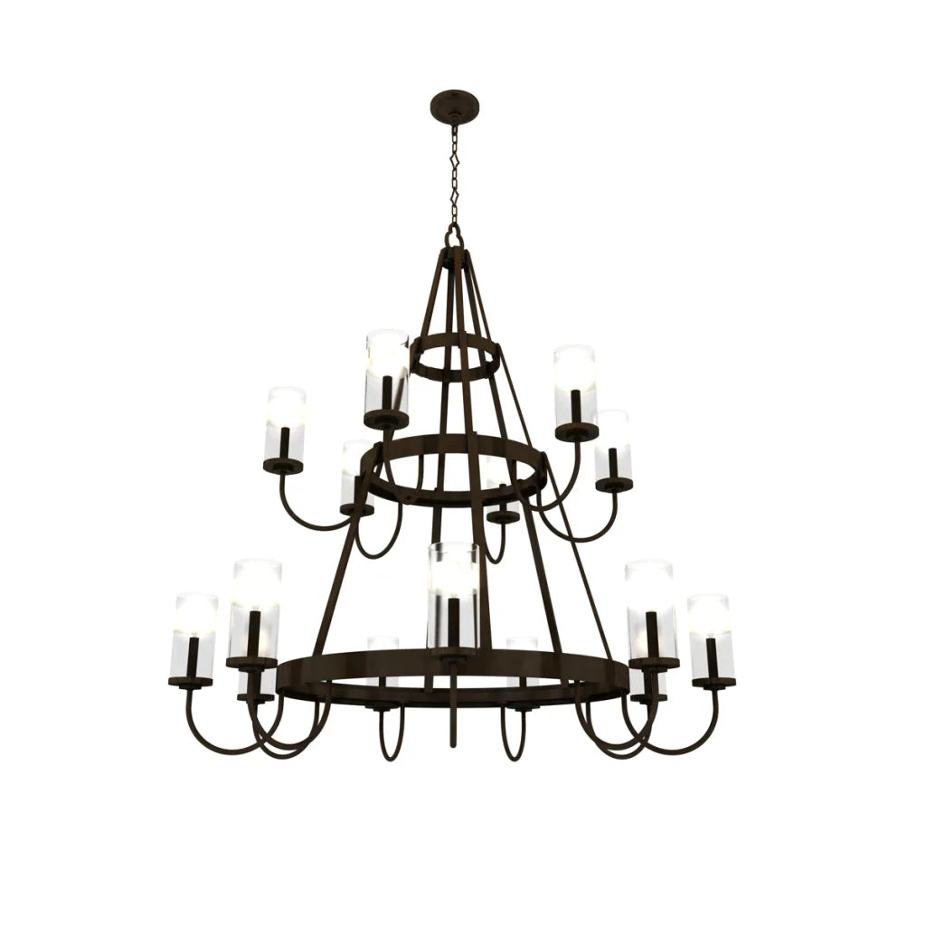 Dark bronze metal chandelier with multiple tiers of curved arms holding clear cylindrical glass shades.