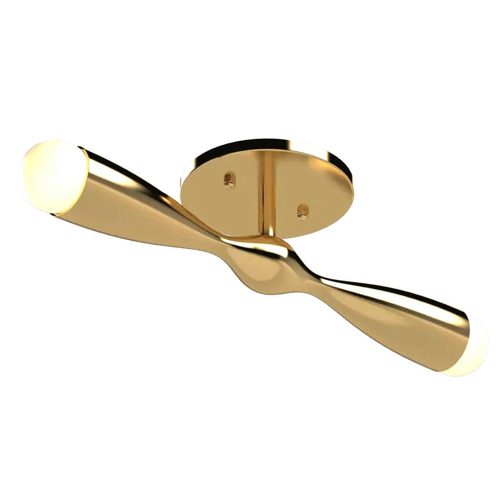 A modern gold-finished metal ceiling light fixture with two illuminated ends from the Camber Collection.