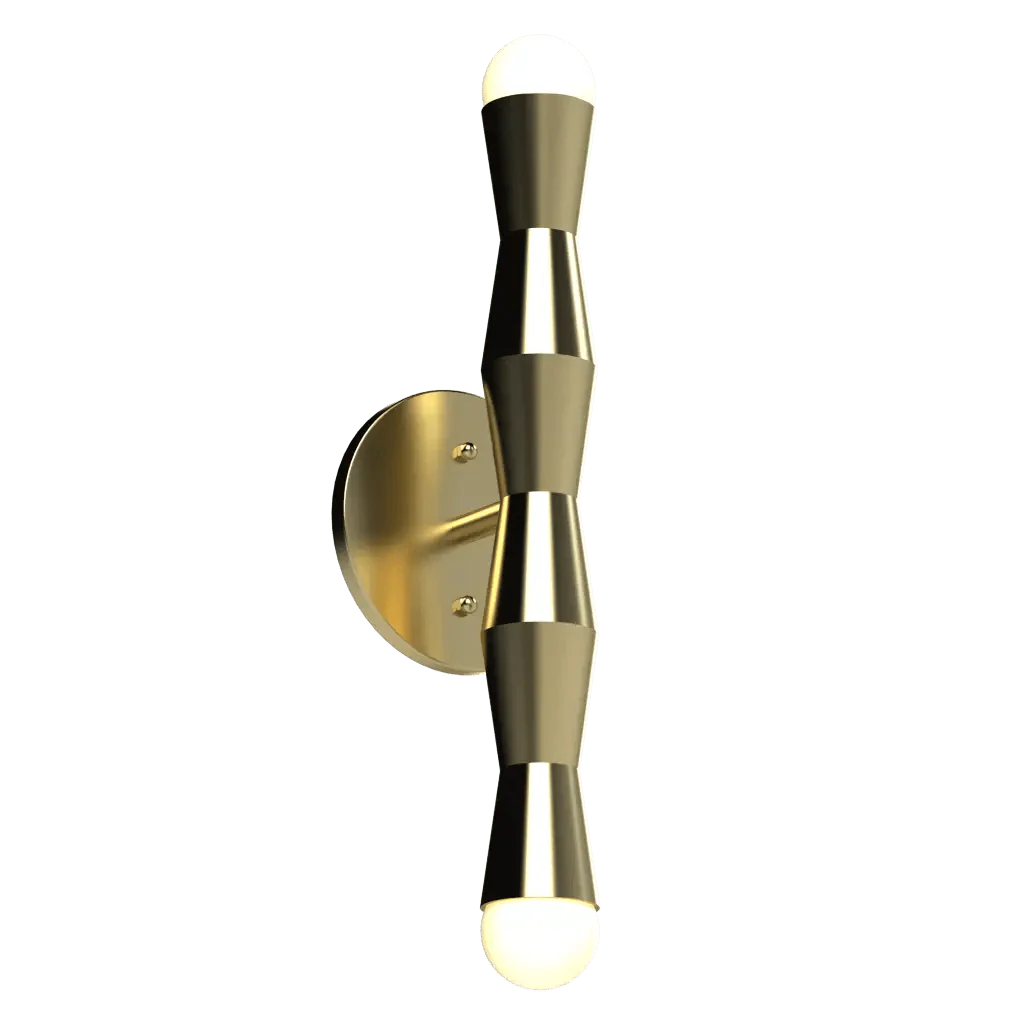 Brass double-bulb wall sconce with hourglass-shaped design from the column collection for elegant lighting.