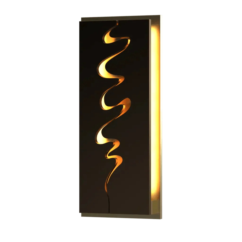An illuminated wall art panel from the Crenshaw Collection featuring a golden wavy design on a sleek surface.