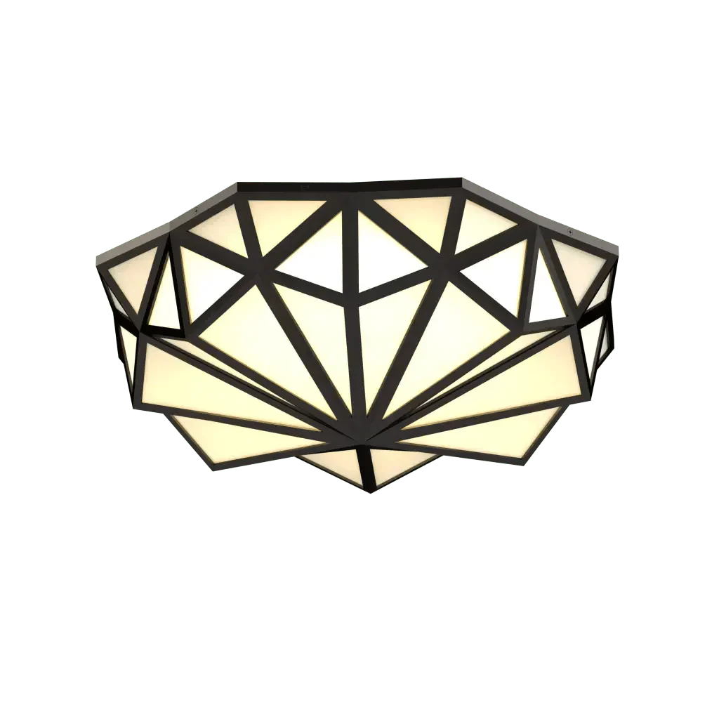 A dark metal flush mount ceiling light with geometric panels and a white diffuser in the flush mount collection.