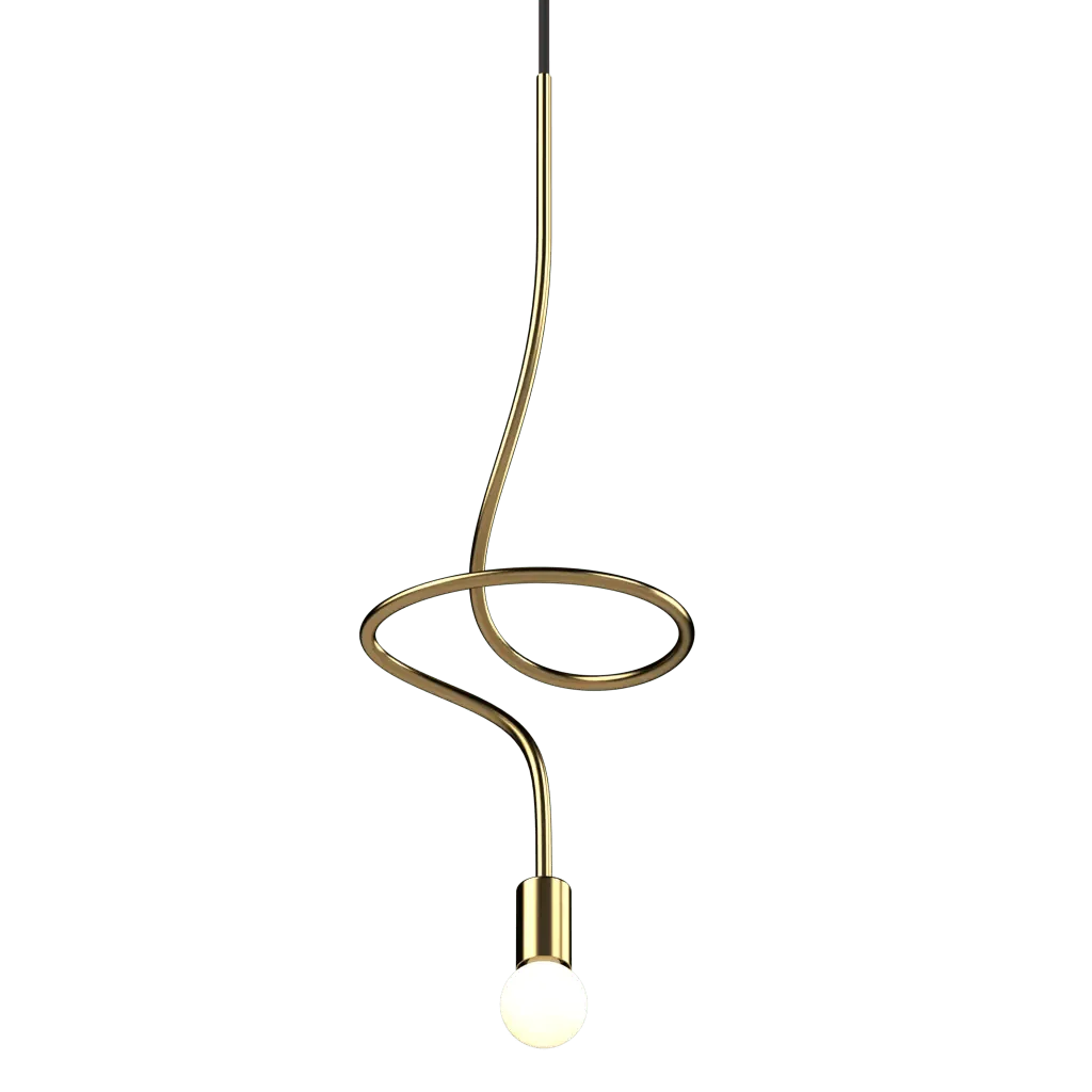 Gold-colored spiraling pendant light with a single spherical bulb from the gesture collection