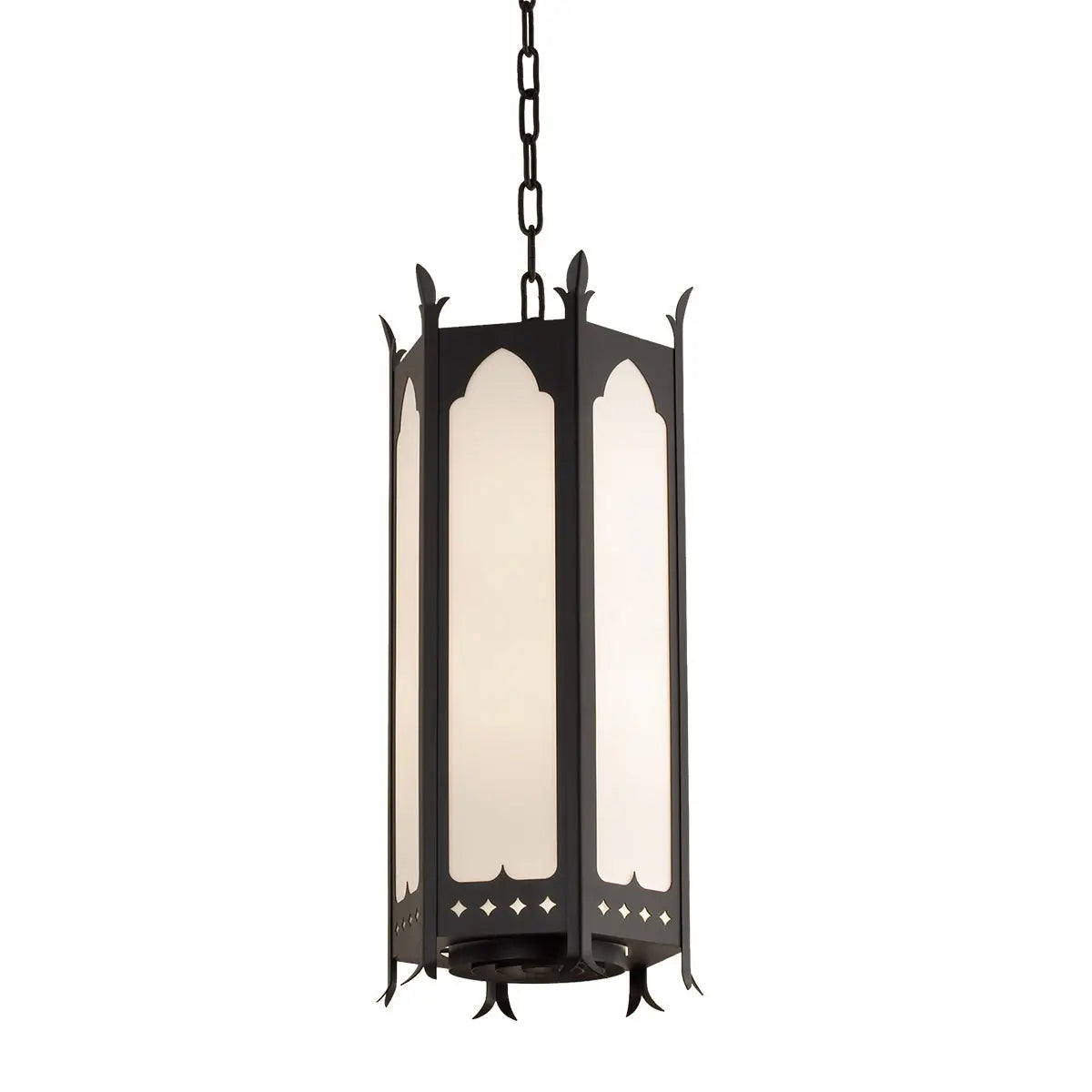 Black wrought iron lantern with arched glass panels and decorative diamond accents.