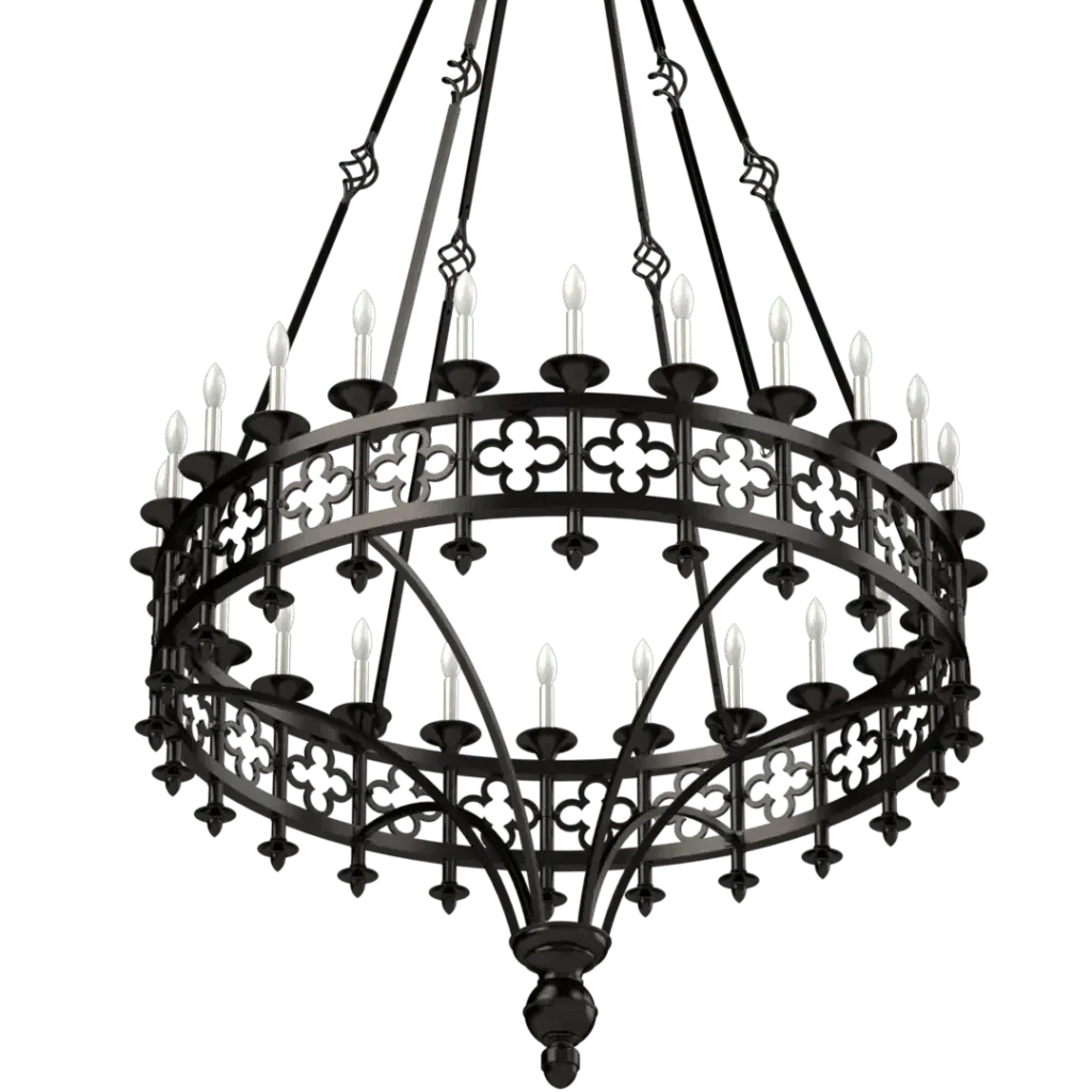 Black wrought iron chandelier with ornate gothic-inspired detailing and multiple candle-style bulbs.