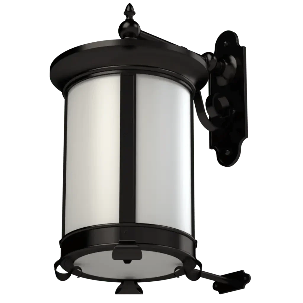 A dark bronze outdoor wall lantern from the Mills collection featuring a cylindrical frosted glass diffuser and decorative finials.