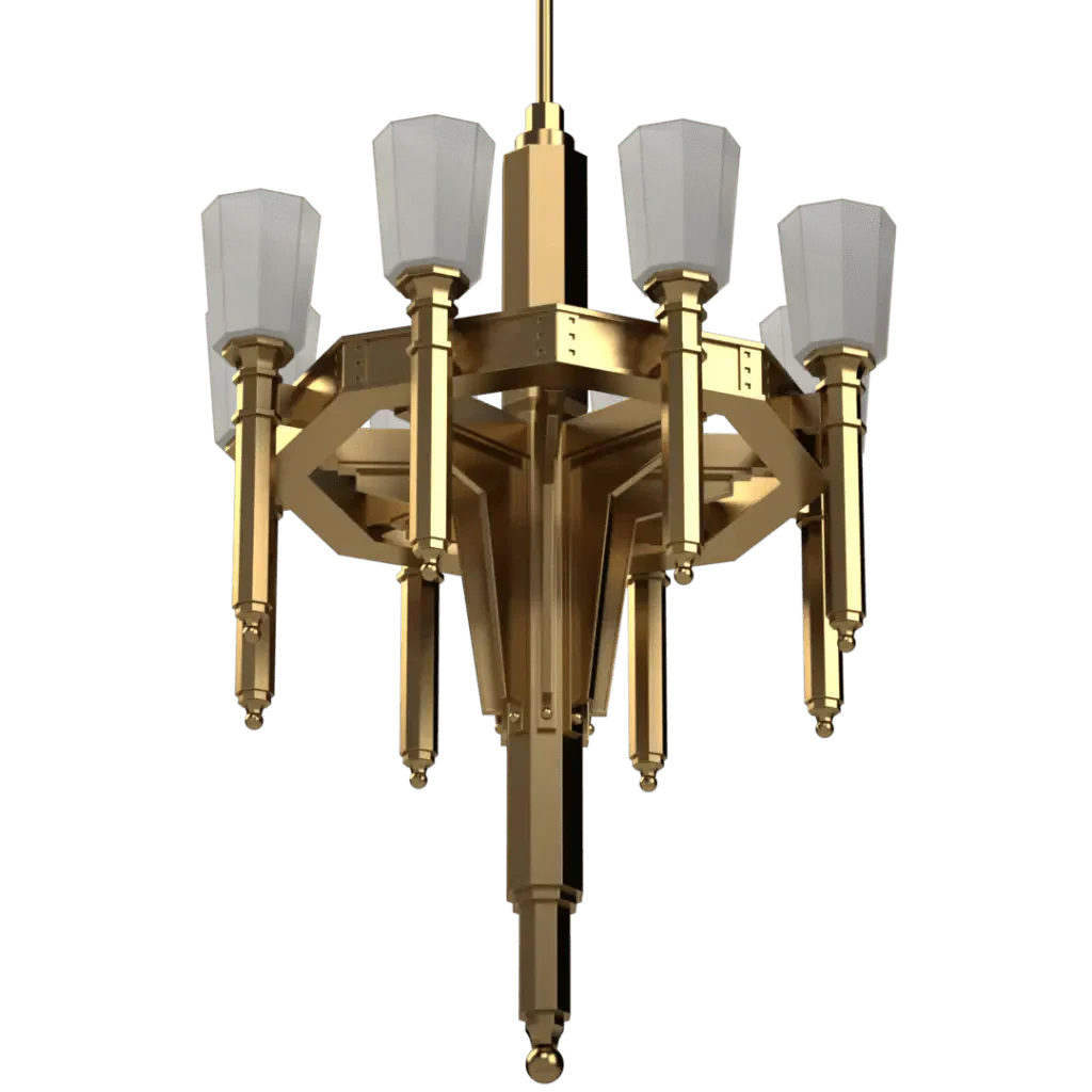 Ornate gold chandelier from Palladium Collection featuring six opaque faceted glass shades and intricate metalwork.