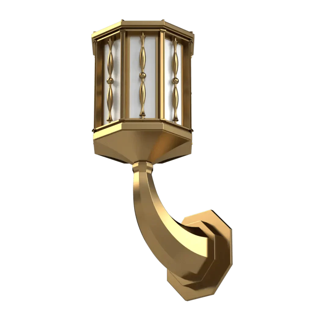 A golden hexagonal wall-mounted lantern with decorative vertical bars from the Park View Collection.