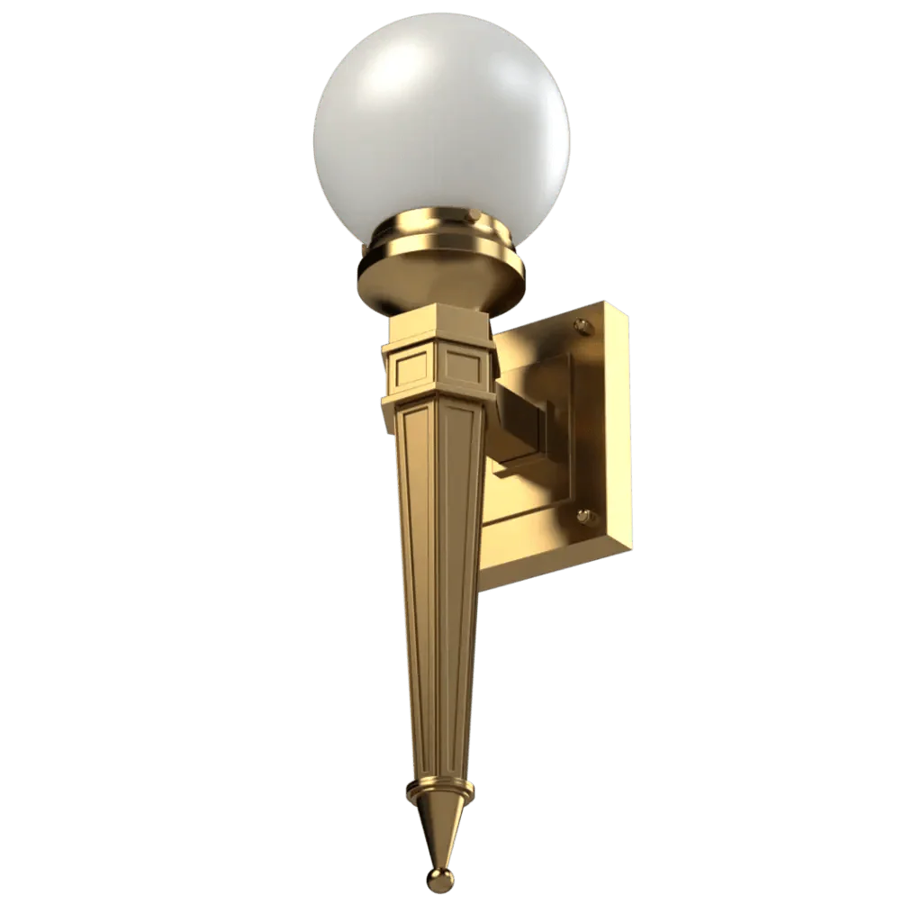 A gold-colored metal wall sconce with a spherical white glass light fixture from the rock creek collection