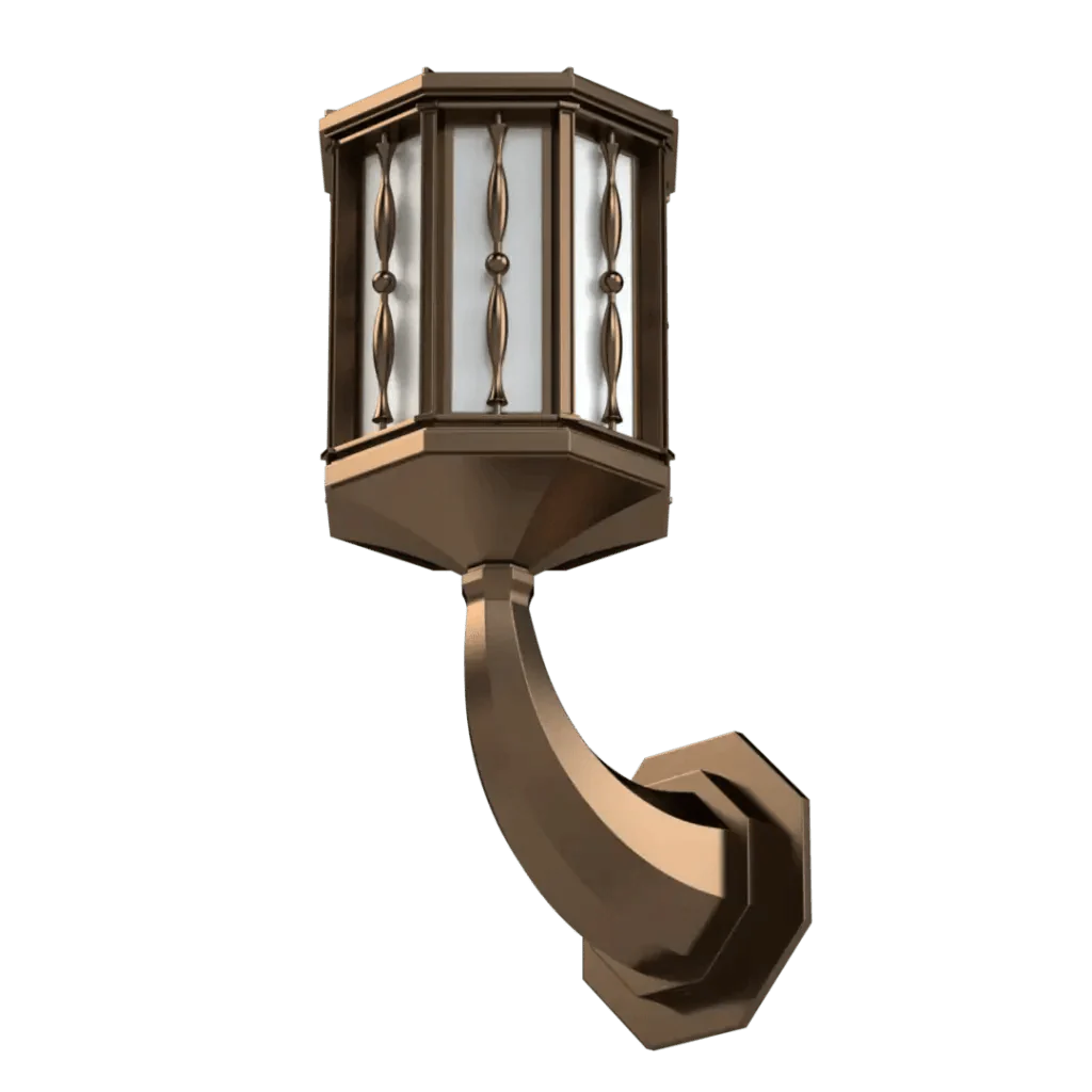 An antique bronze outdoor wall lantern sconce with decorative scrollwork made of bronze for exterior use.