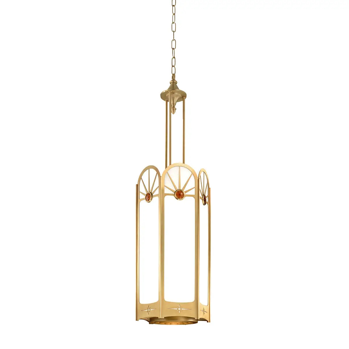 Gold-toned art deco pendant light with amber glass accents and a chain suspension.