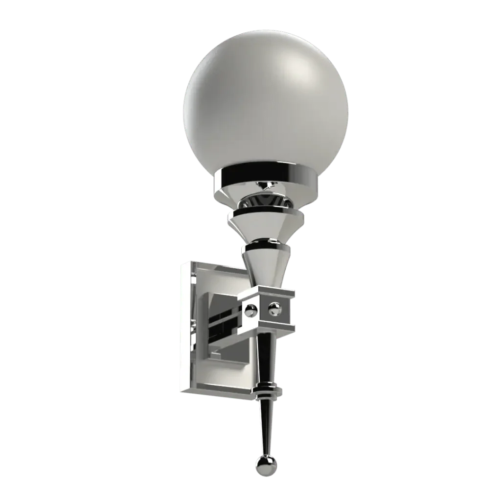 Chrome wall sconce with a spherical white glass shade from the Symphonia Collection for elegant indoor lighting.