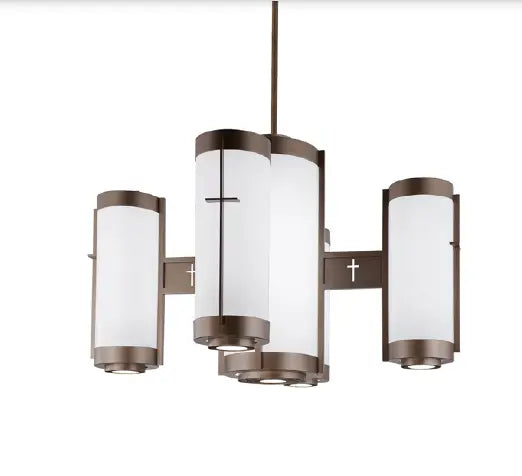 Bronze-finished chandelier with four cylindrical frosted glass shades, each accented by a small cross emblem.