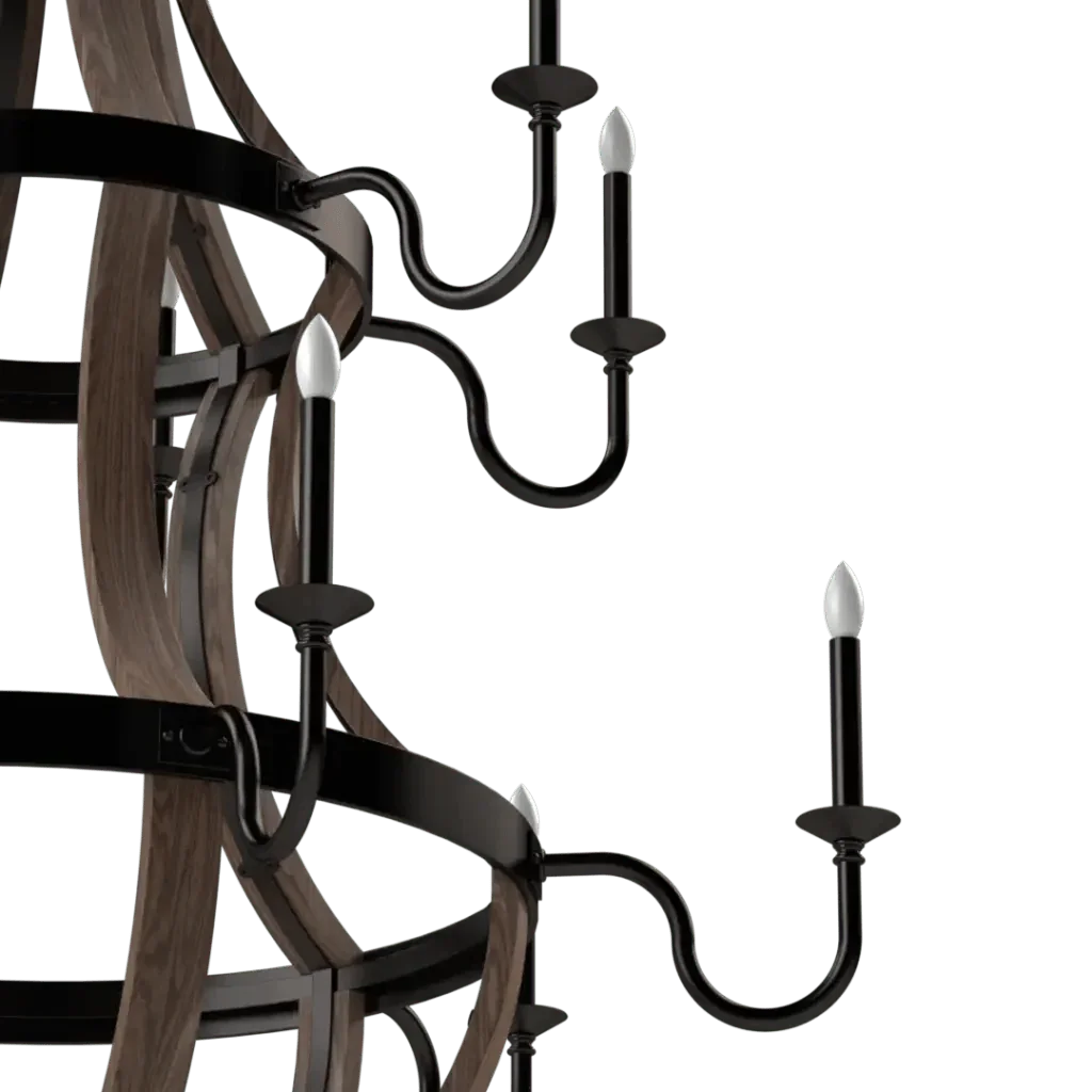Alehouse Chandelier - black iron finish on steel with Appalachian hardwood, front elevation showing tavern-style 12-light configuration with steam-bent wood accents