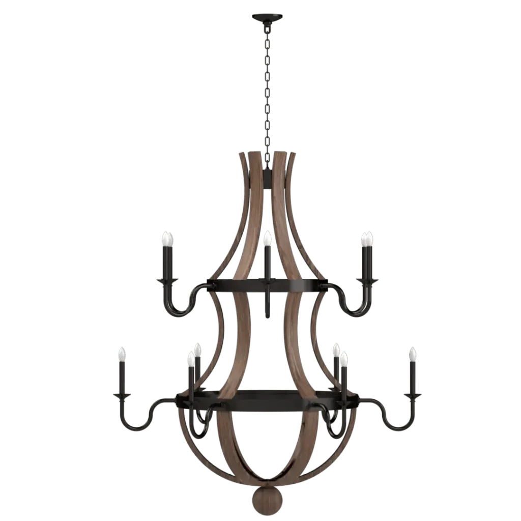 Alehouse Chandelier - black iron finish on steel with Appalachian hardwood, side profile showing hand-scrolled candelabra arms and steam-bent hardwood construction