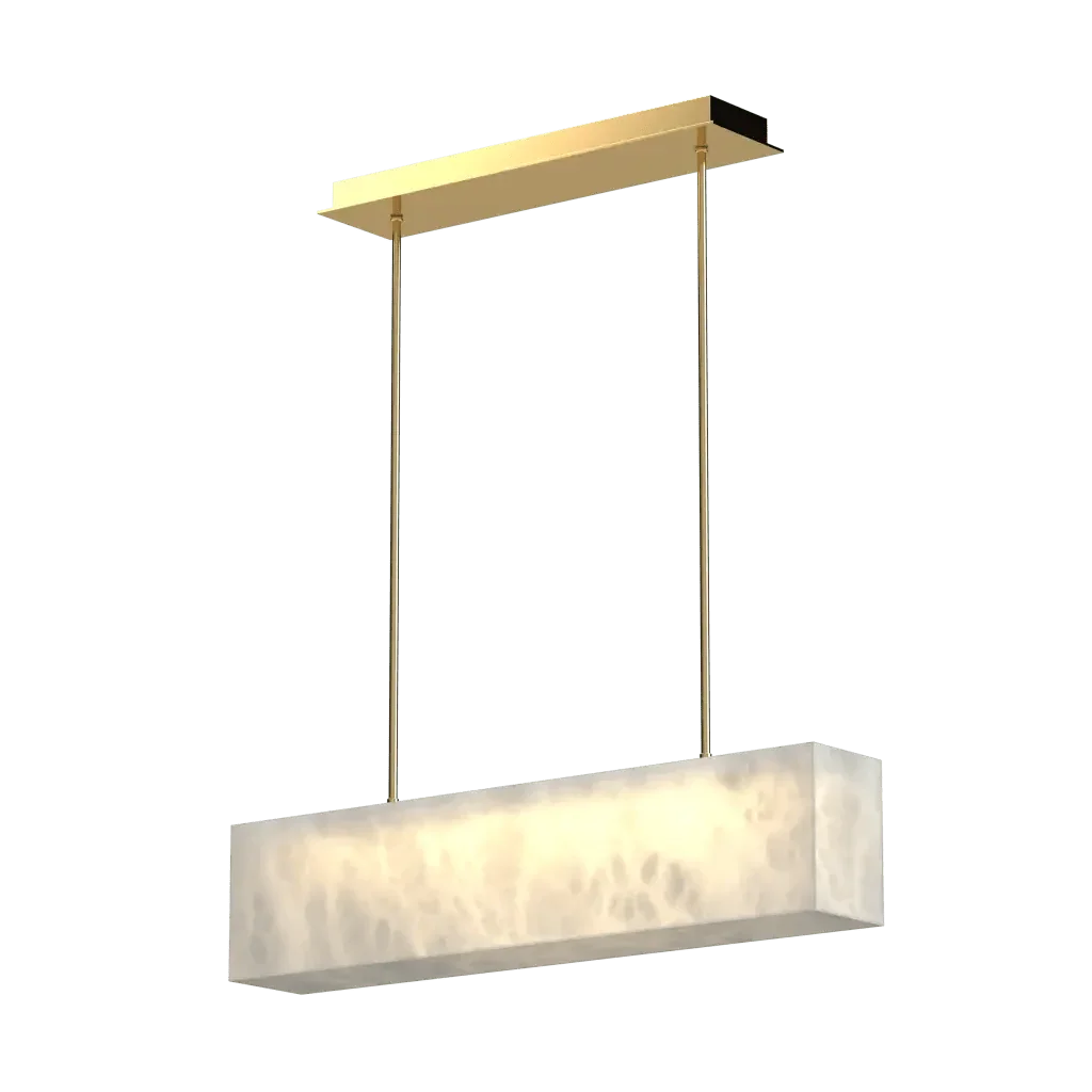 Aragon Pendant - polished brass finish, front elevation showing rectangular form with alabaster stone shade suspended by thin rods