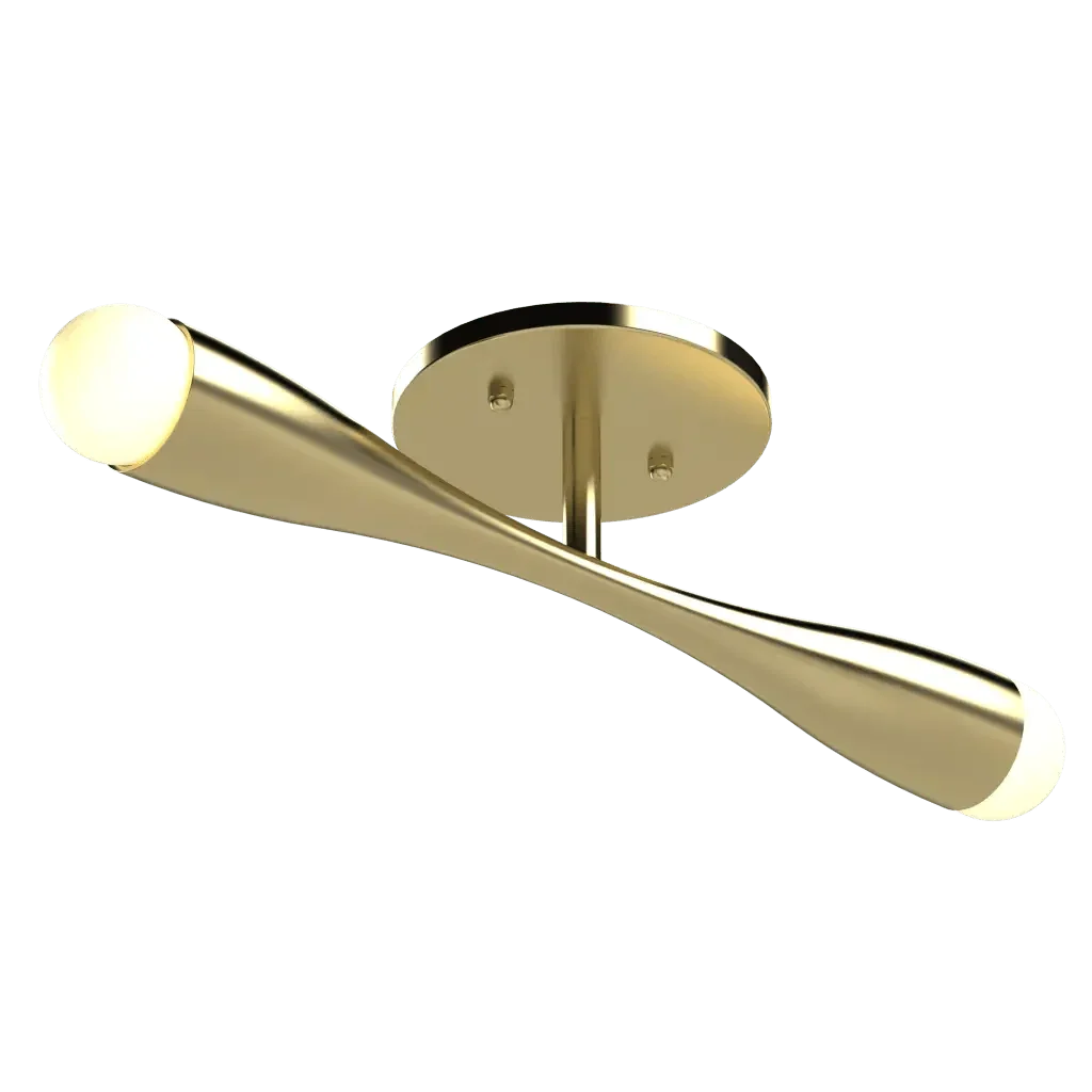 Gold-colored modern arc flush mount ceiling light with two illuminated ends and sleek metallic finish