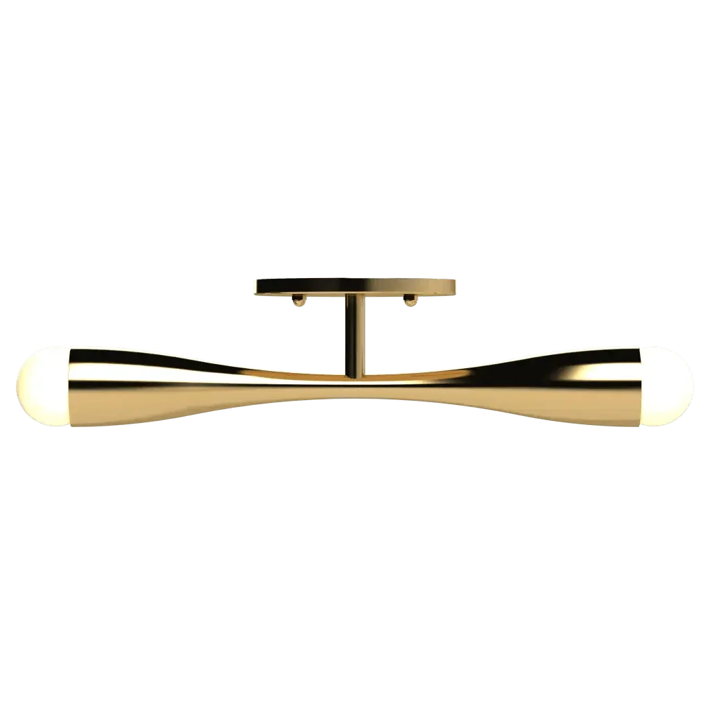 Gold-finished arc flush mount ceiling light fixture with two illuminated ends providing modern ambient lighting