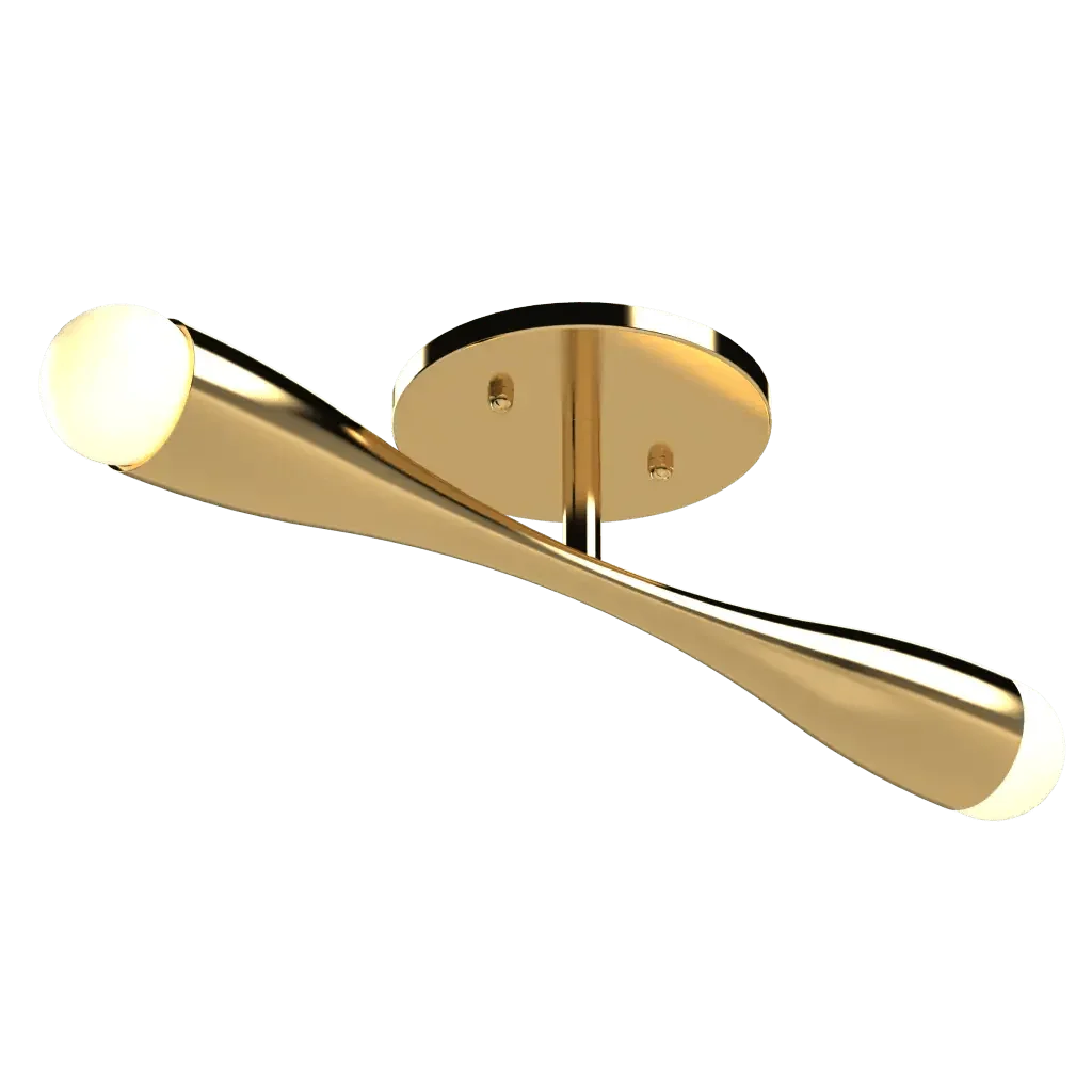 Gold-finished arc flush mount ceiling light with two illuminated ends providing elegant ambient lighting