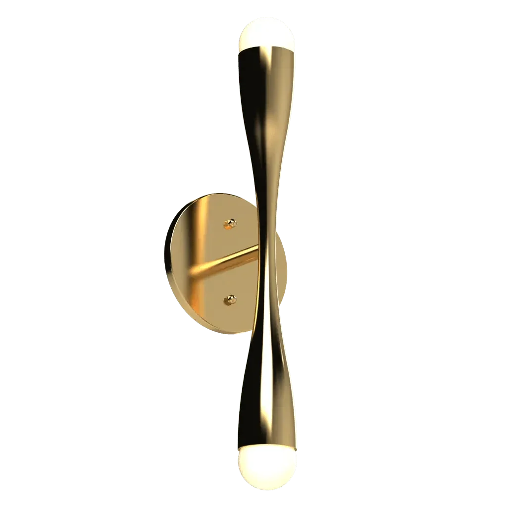 Arc Sconce - polished brass finish, three-quarter view showing round backplate and curved turned arm with light on