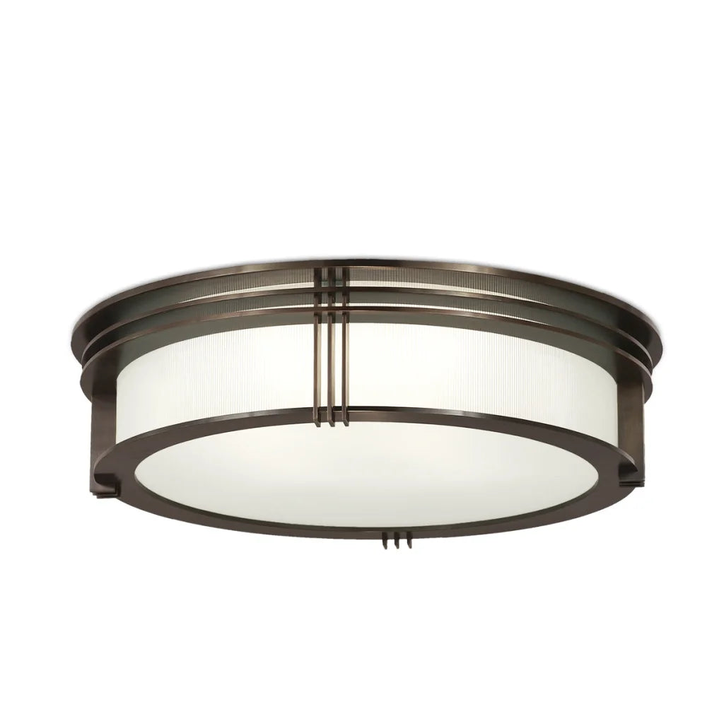 Bronze-finished circular ceiling light with a frosted glass diffuser and vertical metal accents.