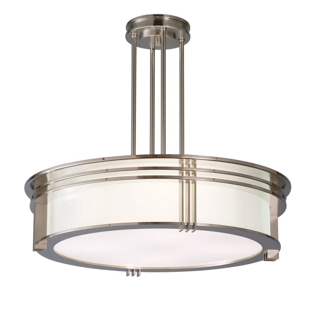 Modern brushed nickel pendant light with a circular design, featuring clear textured glass panels and sleek metal rods.