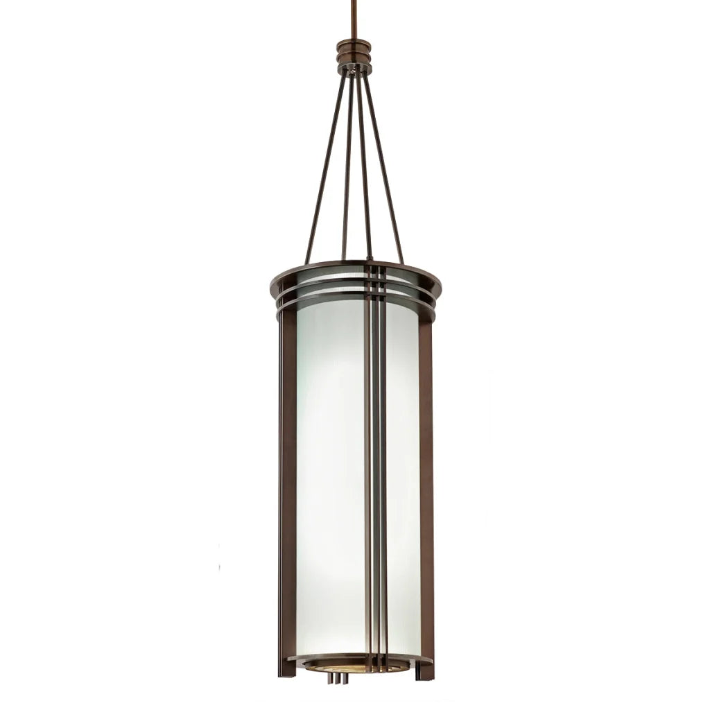 Bronze-finished pendant light with a cylindrical glass shade and vertical metal accents.