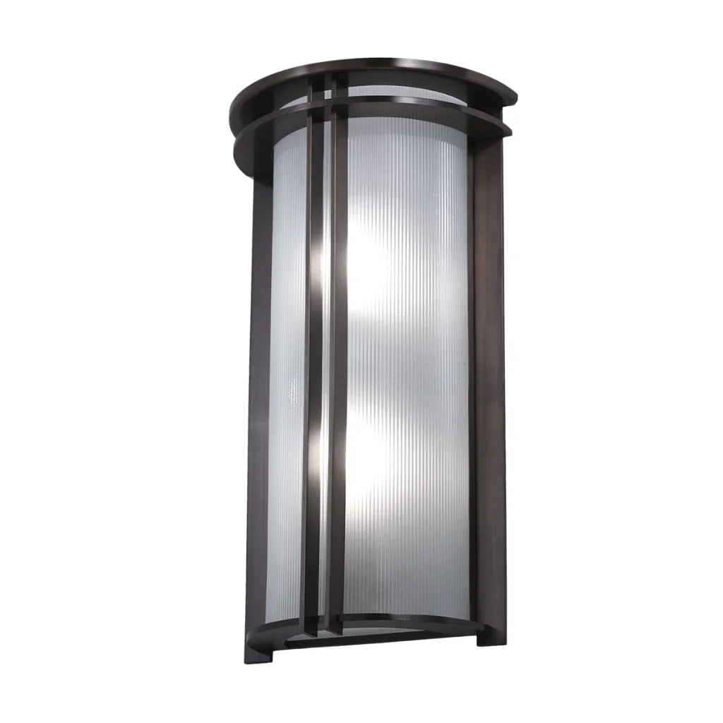 Black metal outdoor wall sconce with vertical ribbed frosted glass panels.