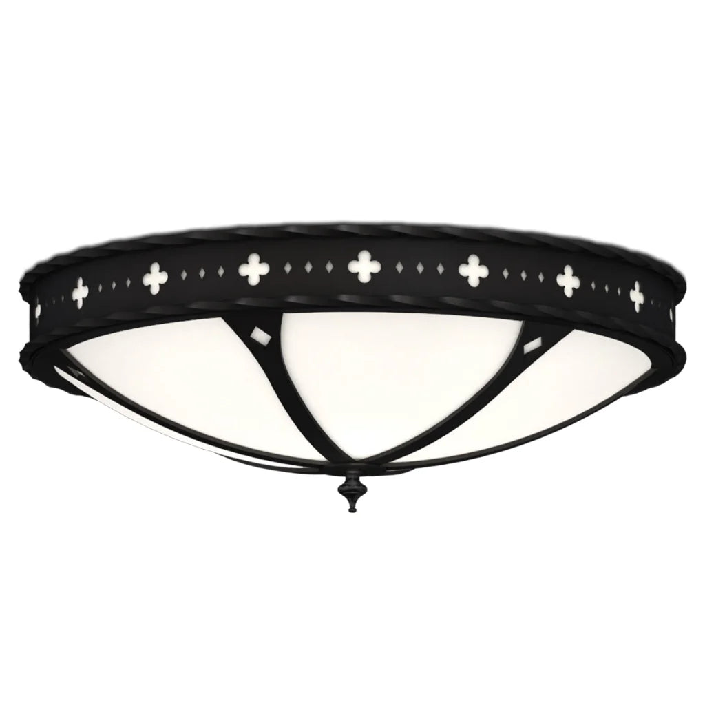 Black wrought iron flush mount ceiling light with white glass shade and decorative cross patterns.