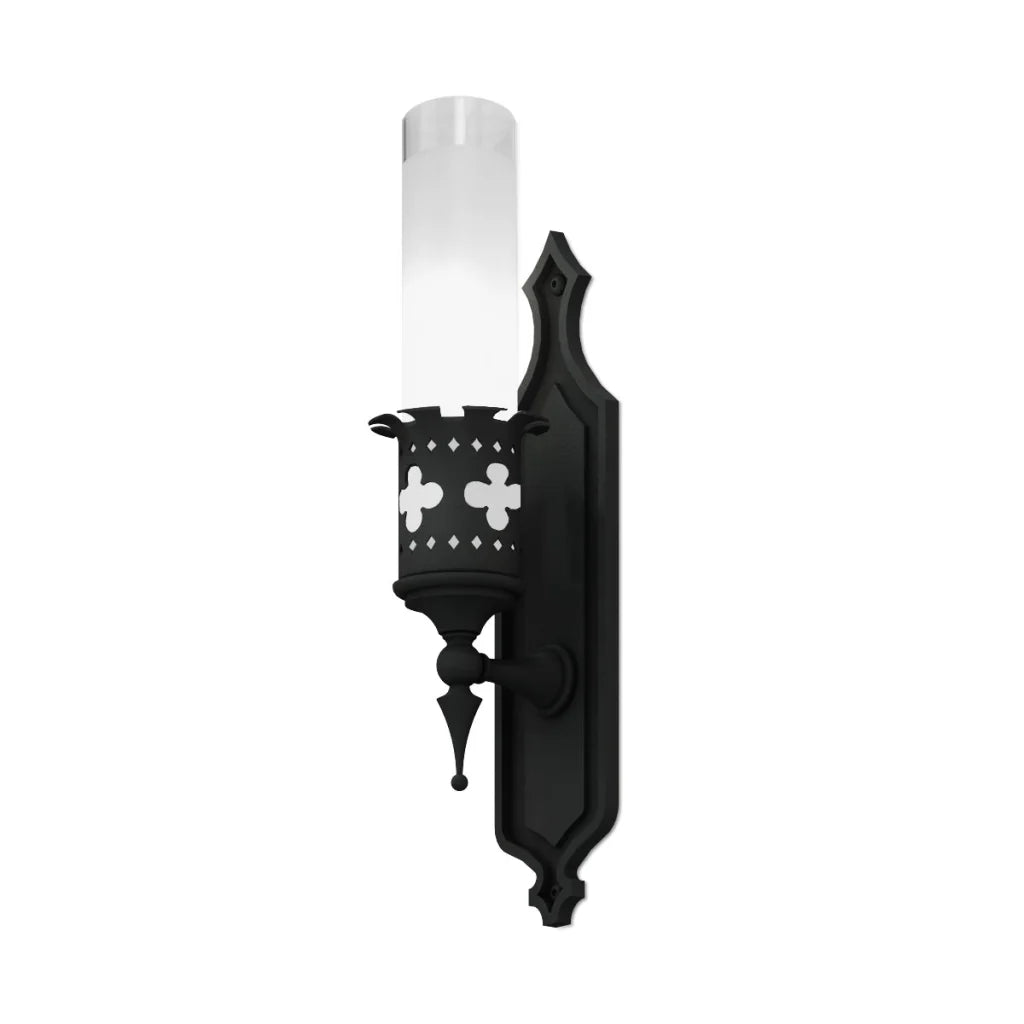 Black wrought iron wall sconce with frosted glass shade and decorative crosses.