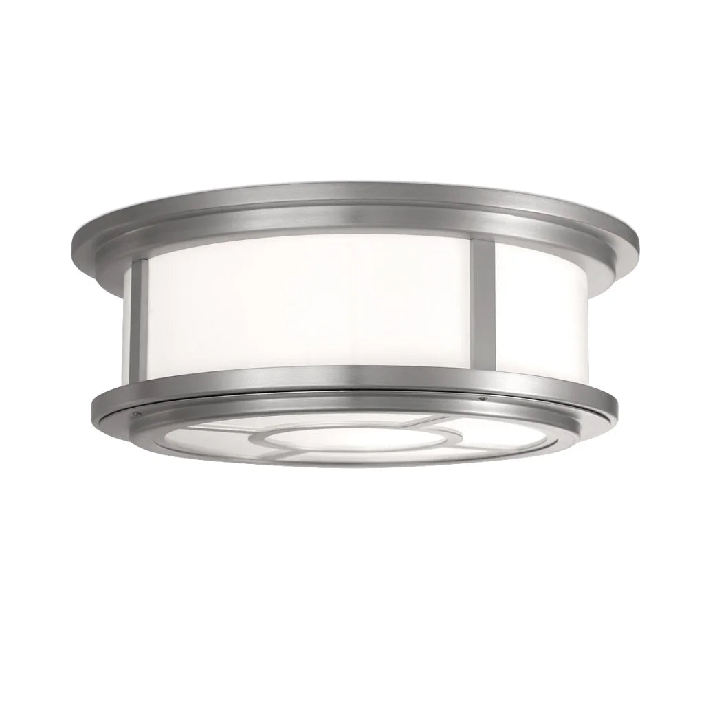 Brushed nickel flush mount ceiling light fixture with frosted glass shade and modern design.