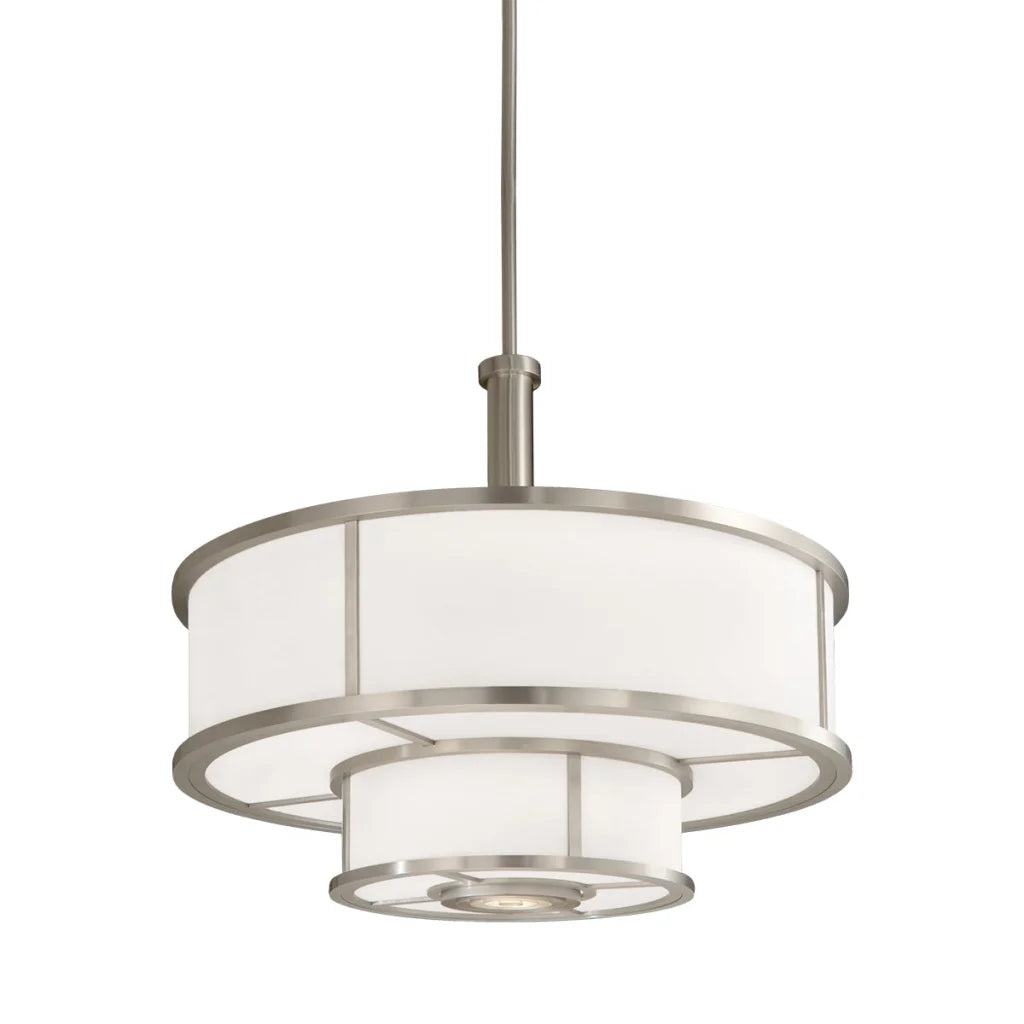 Brushed nickel pendant light with white fabric shade and modern geometric design, reminiscent of kichler lighting’s contemporary fixtures.
