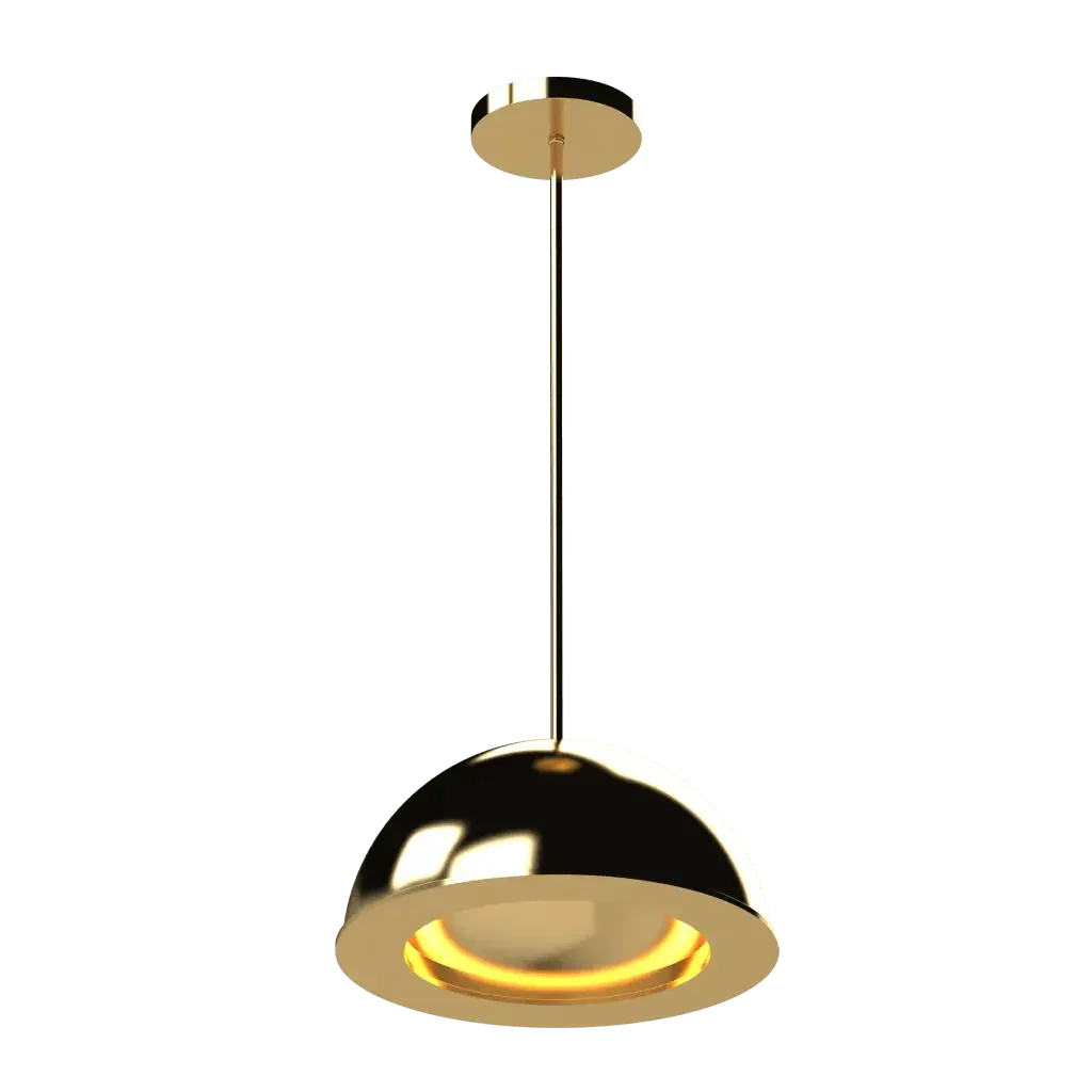 Aurora Pendant - polished brass finish, front elevation showing minimalist hemispherical dome shade