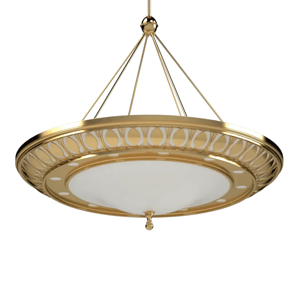 Avenida Grande Pendant - polished brass finish, front elevation showing wide saucer form with six-rod suspension and geometric petal rim pattern