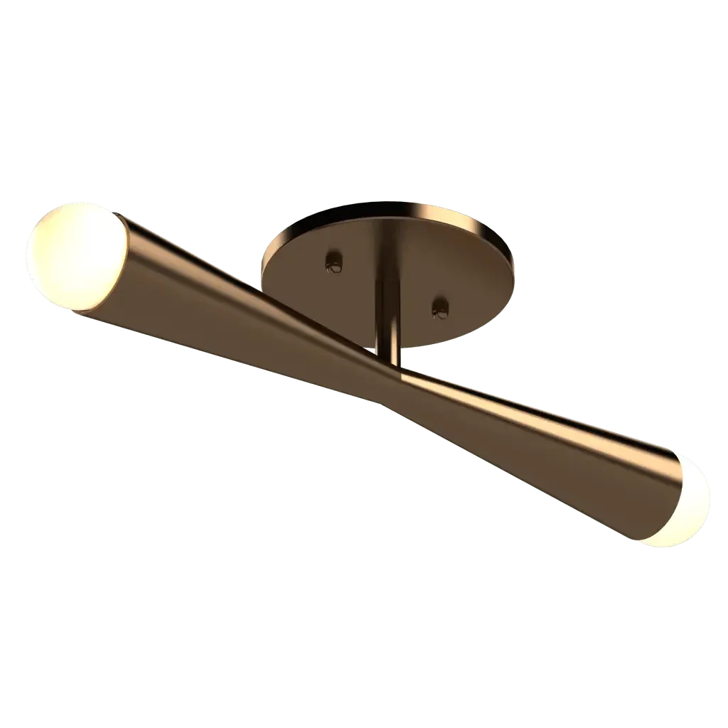 Axis flush mount bronze ceiling light with two illuminated cylindrical ends providing ambient lighting