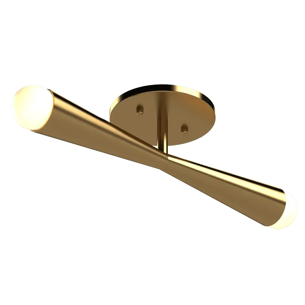 Axis flush mount ceiling light fixture with gold finish and two illuminated cylindrical ends for modern interiors