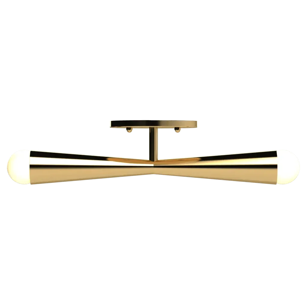 Axis flush mount ceiling light with sleek gold finish and two horizontal conical light bars extending from center mount