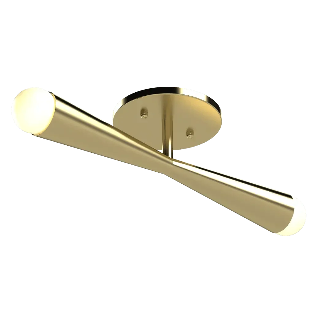 Axis flush mount gold finished two-light ceiling fixture with tapered arms for elegant indoor lighting