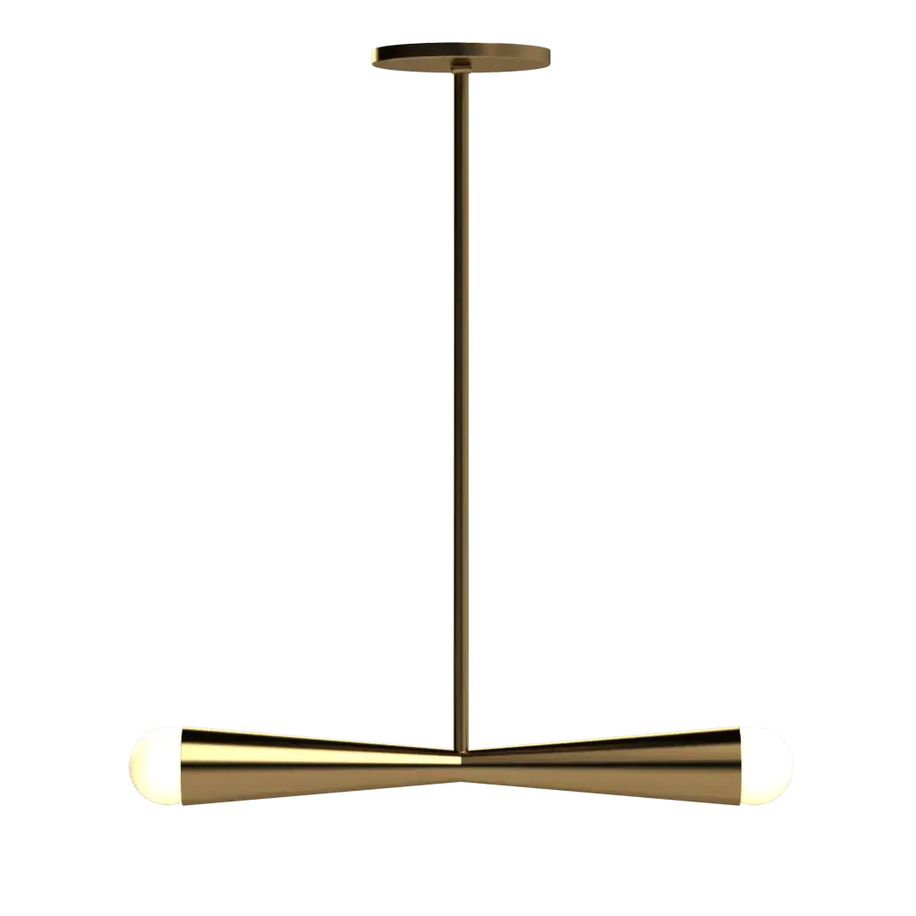 Axis Linear Pendant - polished brass finish, three-quarter view with light on