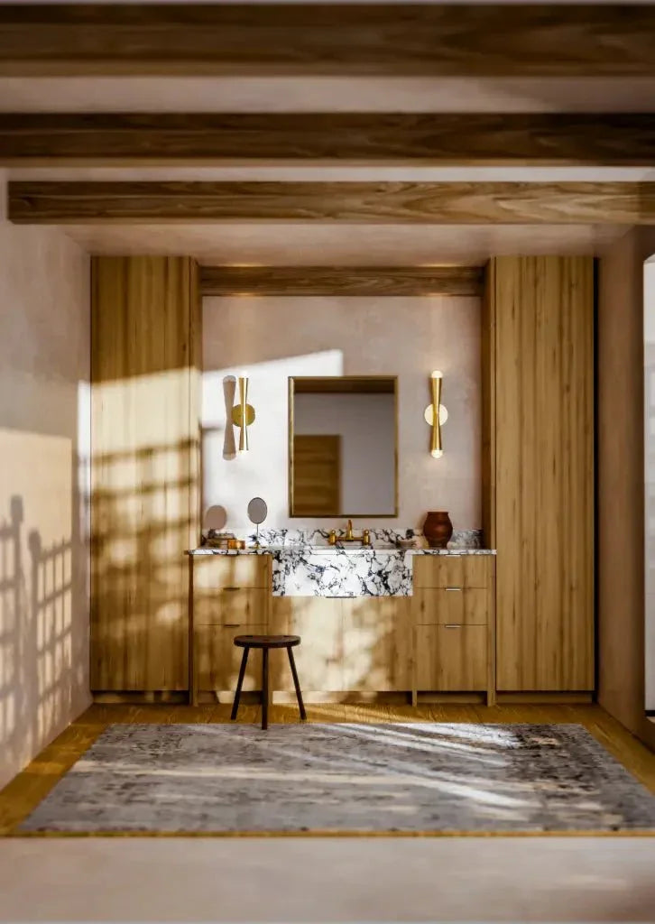Axis Sconce - polished brass finish, lifestyle view mounted on wood panel wall