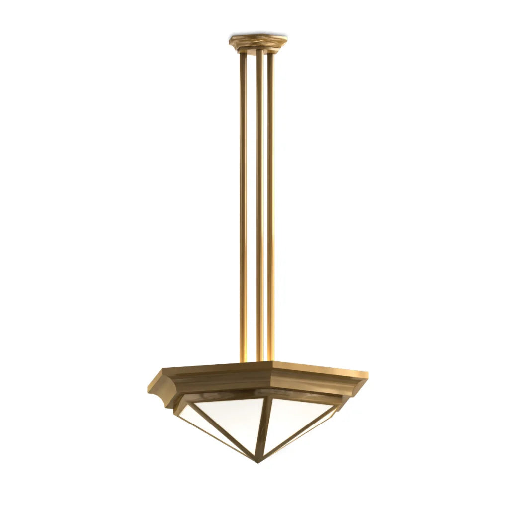 Gold pendant light with glass shade and brass accents.