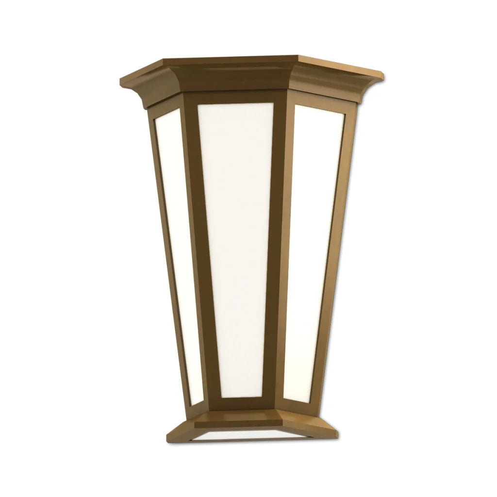 Gold outdoor lantern with frosted glass panel and decorative trim.