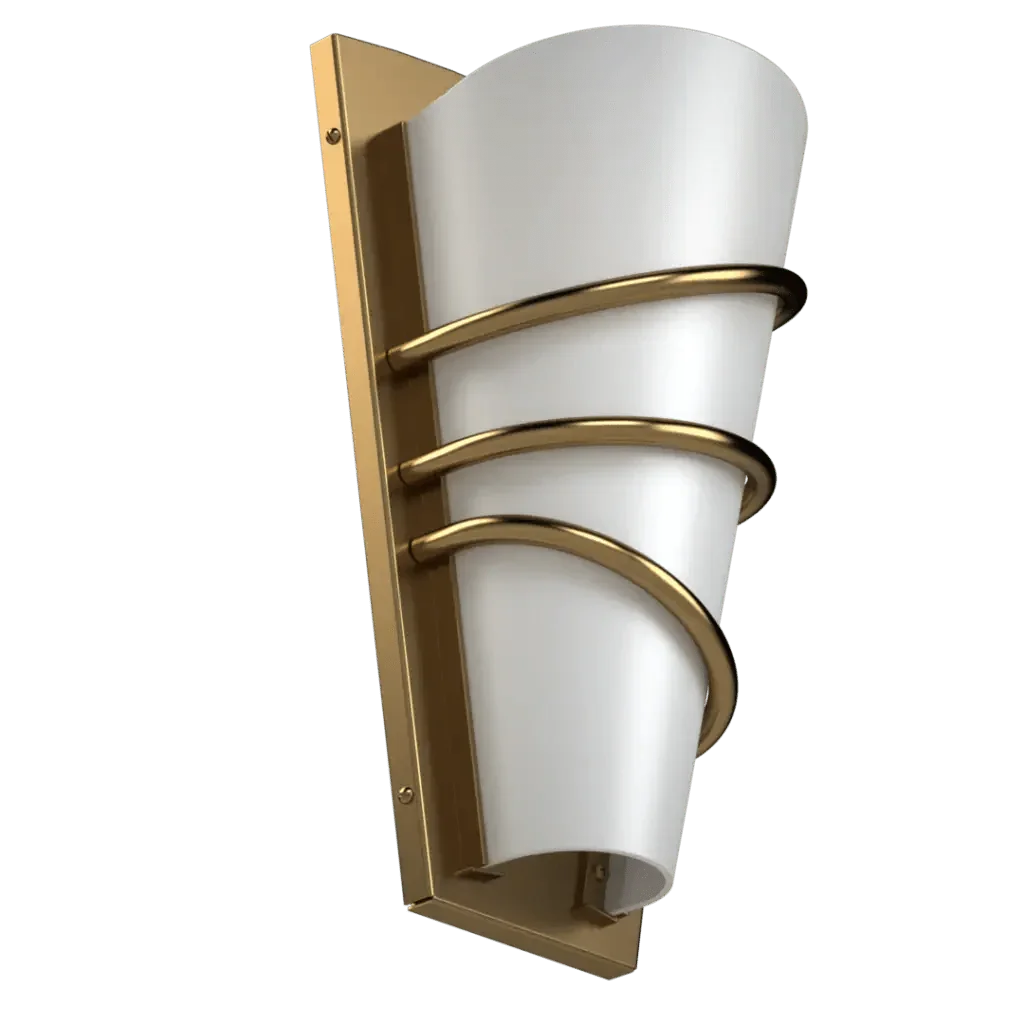 A modern bound sconce wall light featuring three curved gold and white metal bands for elegant interior lighting