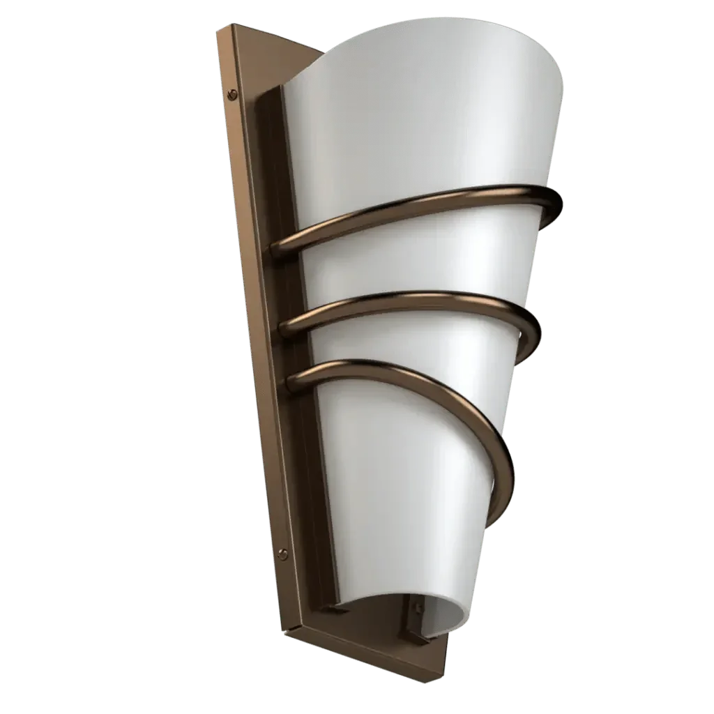 White conical bound sconce wall light featuring three bronze spiral metal bands for elegant indoor lighting