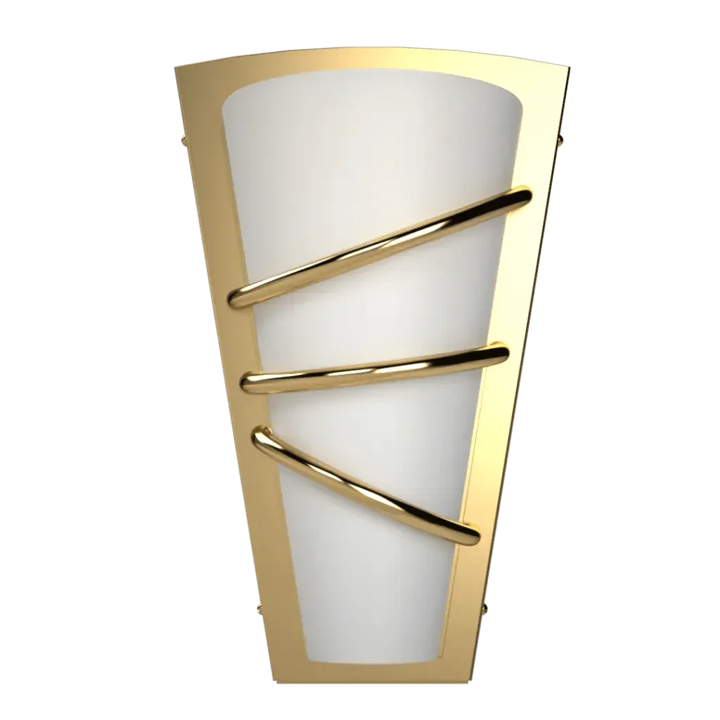 Bound sconce wall light featuring a white shade with a gold frame and three horizontal gold bars