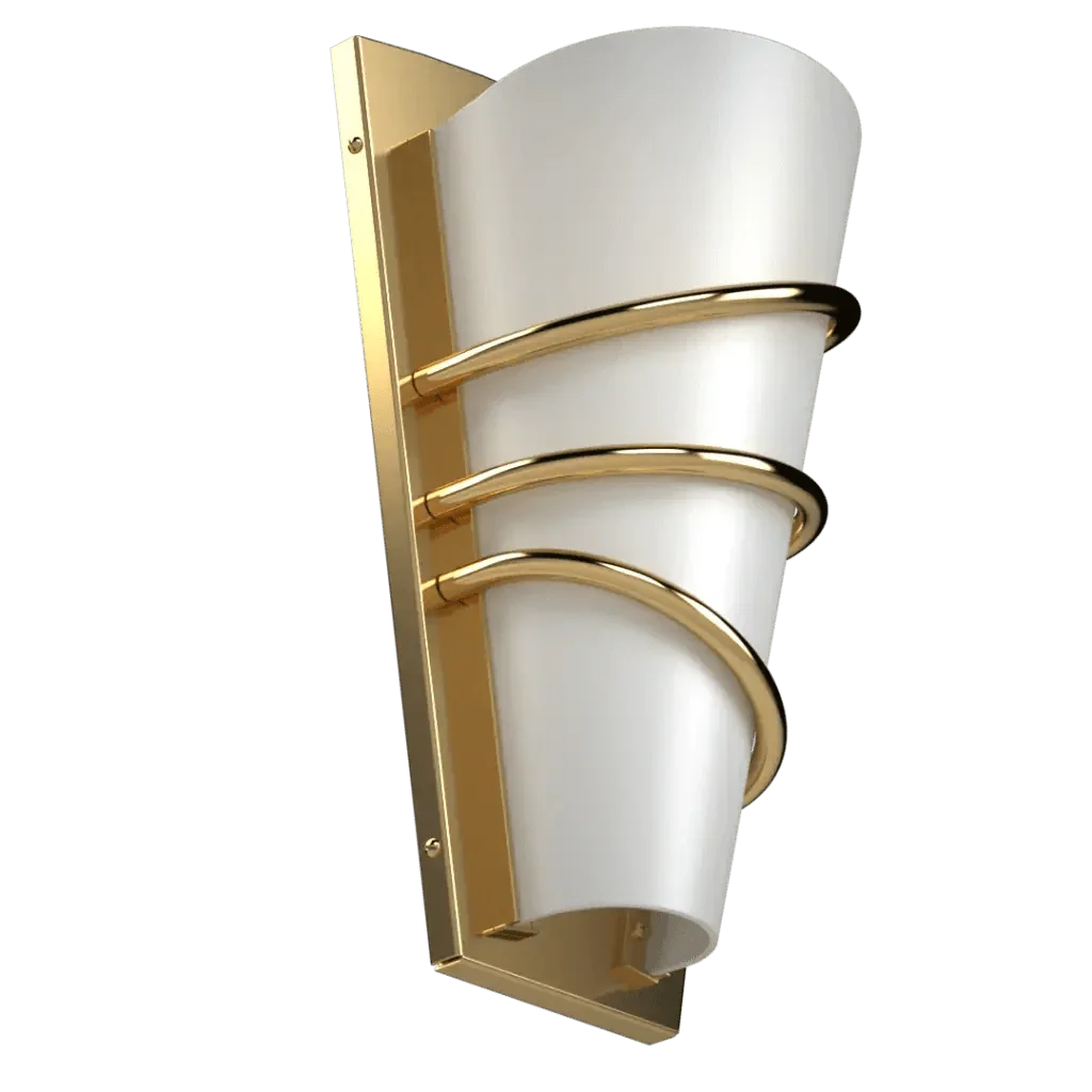 Gold and white Bound sconce wall light with three curved metal bands for elegant indoor lighting