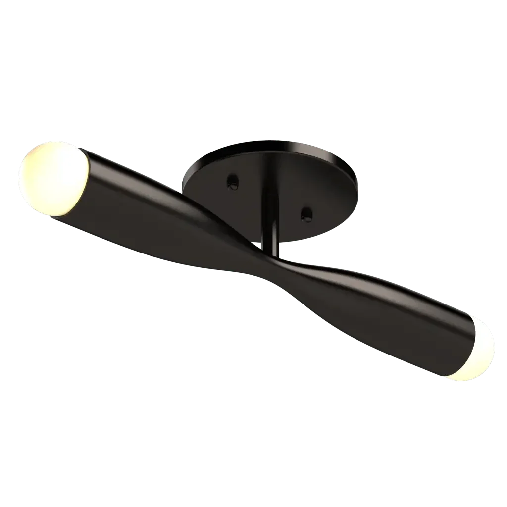 Bow flush mount black ceiling light with two illuminated ends and a twisted ribbed metal body