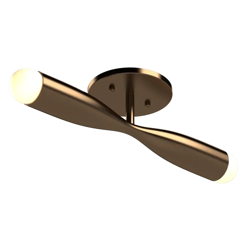 Bronze bow flush mount ceiling light fixture with two illuminated cylindrical ends for indoor use