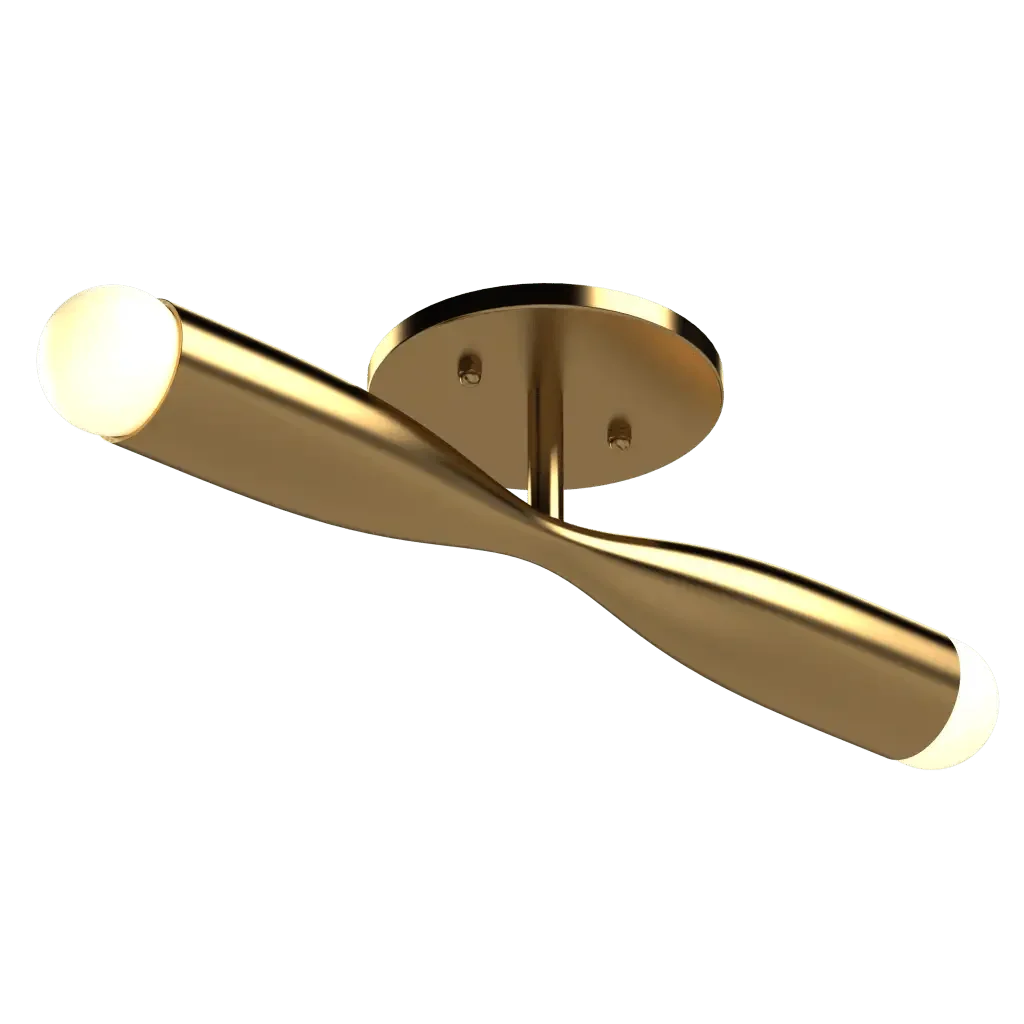 Gold-finished Bow flush mount ceiling light with two illuminated cylindrical ends for modern interior lighting